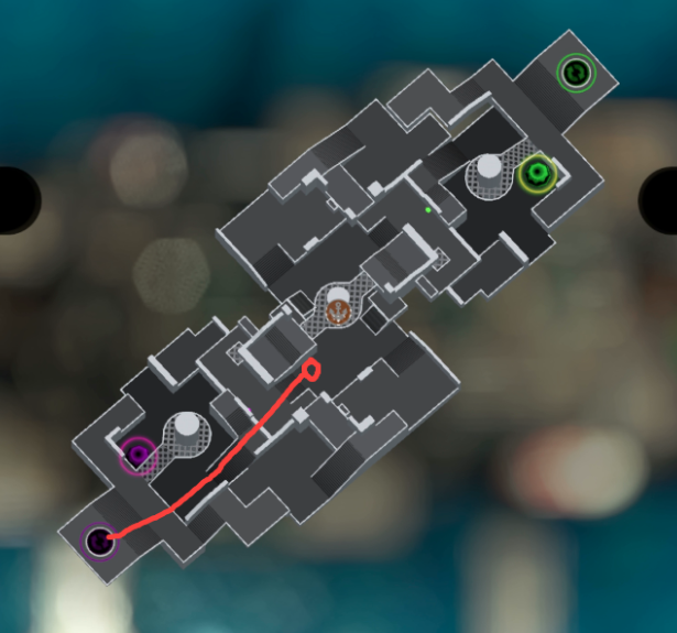 An overhead map of Manta Maria with a red path leading from 
            spawn to home bunker.